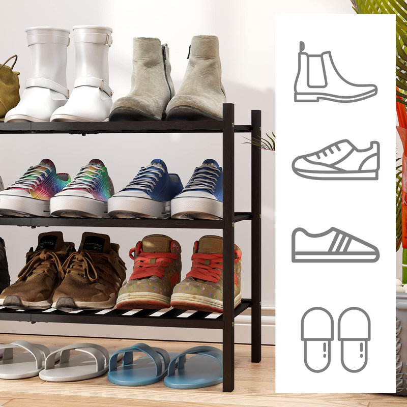 3-tier Black Bamboo Shoe Rack For Entryway, Stackable | Foldable | Natural, Shoe Shelf Storage Organizer For Hallway Closet, Free Standing Shoe Racks For Indoor Outdoor