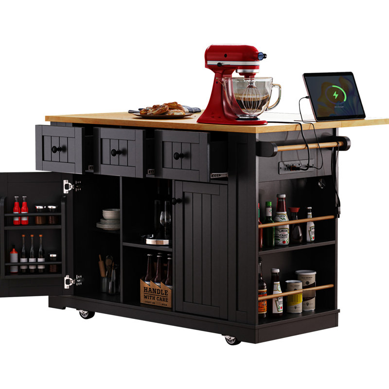 Large Kitchen Island Cart With Internal Shelves, 53Inch Countertop, Black For Office Drop Leaf And Charging Station, Use