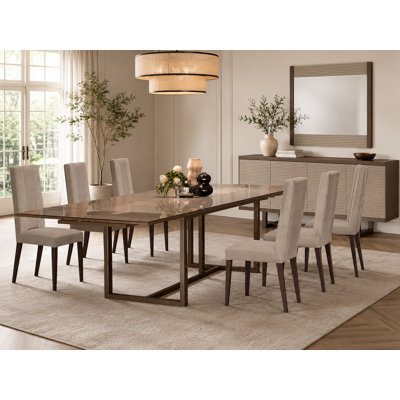 Aurelia 9-Piece Italian Extendable Dining Set with 6 Upholstered Chairs, 4-Door Buffet and Mirror