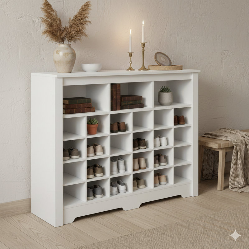 Élégante console de rangement à 24 casiers, armoire à chaussures moderne avec base incurvée, buffet polyvalent de haute qualité pour les couloirs, les chambres à coucher, les salons et la finition blanche