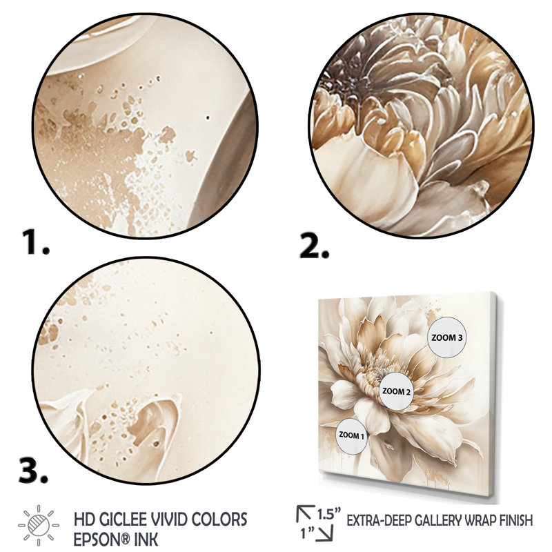 Simple fleur beige III - art mural floral, H 16 po x l 16 po x P 1 po, Toile tendue