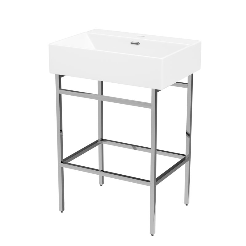 Silver Ceramic Wall-Mount Console Bathroom Sink with Stainless Steel Bracket