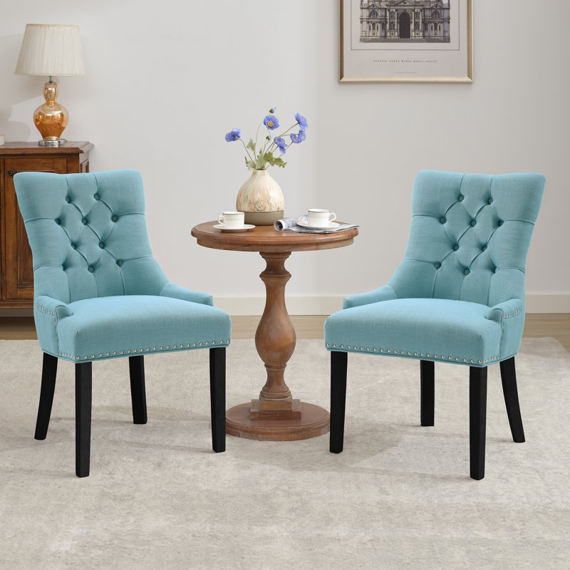 Berenis Tufted Linen Upholstered Elegant Dinning Chair, Light Blue, Black