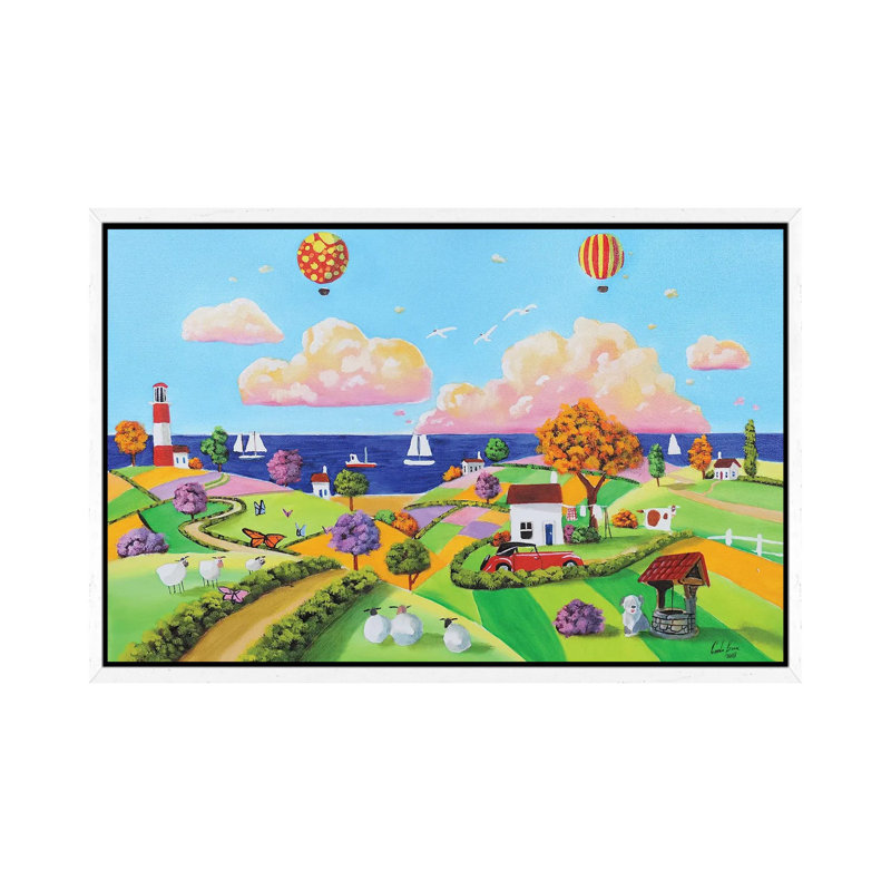 Balloons At The Seaside by Gordon Bruce - Painting on Canvas, White Framed, 66.04 cm H x 45.72 cm W