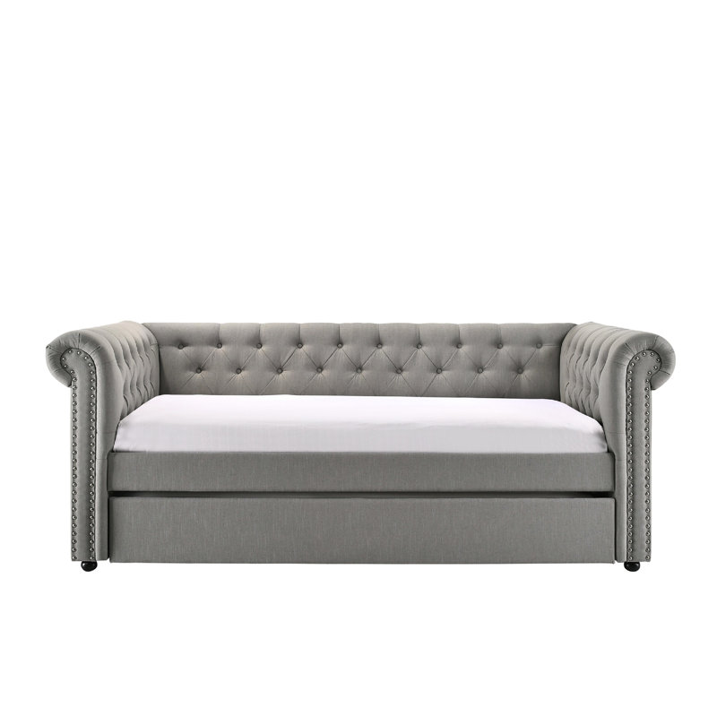 Lit de jour simple avec capitonnage tendance et lit gigogne intégré dans un lit gris moderne, Gris
