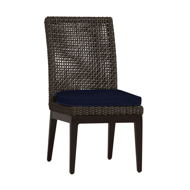 Peninsula Patio Dining Side Chair with Cushions, Mahogany/Chestnut, Welt, Linen Navy