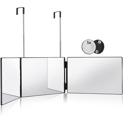 3 Way Mirror For Hair Cutting,360 Trifold Mirror With Height Adjustable Telescoping Hooks,And Magnification,For Makeup, Hair Styling
