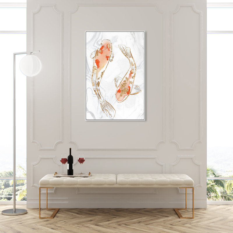 " Two Koi Fish Marble ", White Framed, 54" H x 36" W