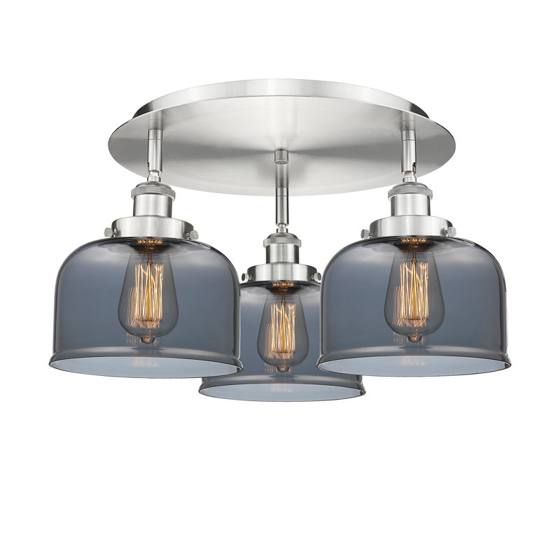 Bell - 3 Light 20" Flush Mount - Satin Nickel Finish - Light Smoke Glass Shade, Plated Smoke, Satin Nickel