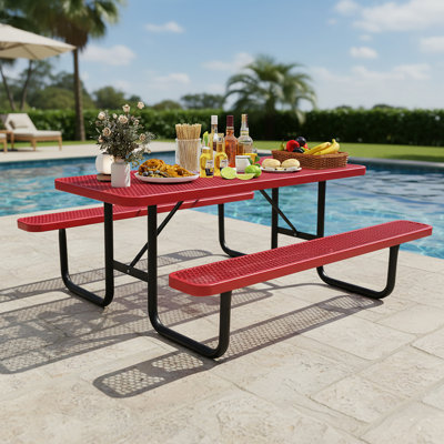Outdoor Thermoplastic-Coated Commercial Picnic Table for 4-6, Coated Metal Picnic Table Heavy Duty, Rectangular