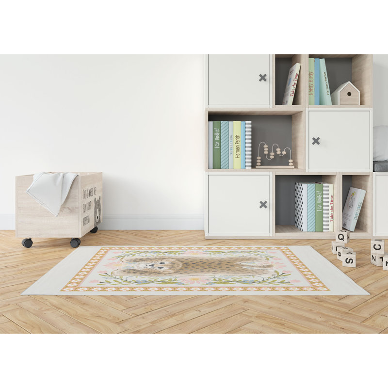 Lil Lying Leopard Flowers Kids Play Mat, Ivory, Rectangle 2' x 3'