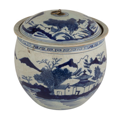 Hand-Painted Stoneware Vintage Reproduction Ginger Jar With Landscape & Brass Ring