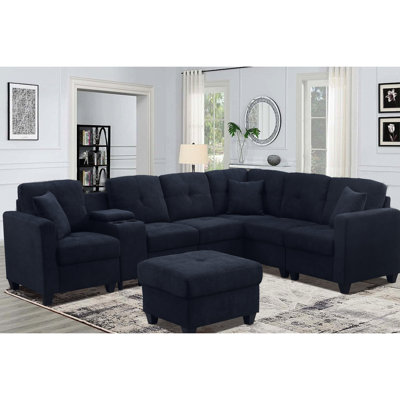 Dark Blue Sectional 7 Soft Microfiber Fabric High Skin- Cushions Two Cup Holders Solid Wood Frame For Long Use Long-term Enjoyment And Stability