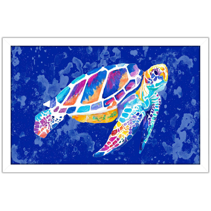 «Vibrant Blue Sea Turtle» par Chelsea Goodrich - reproduction, H 33,5 po x l 49,5 po x P 1 po, Cadre blanc