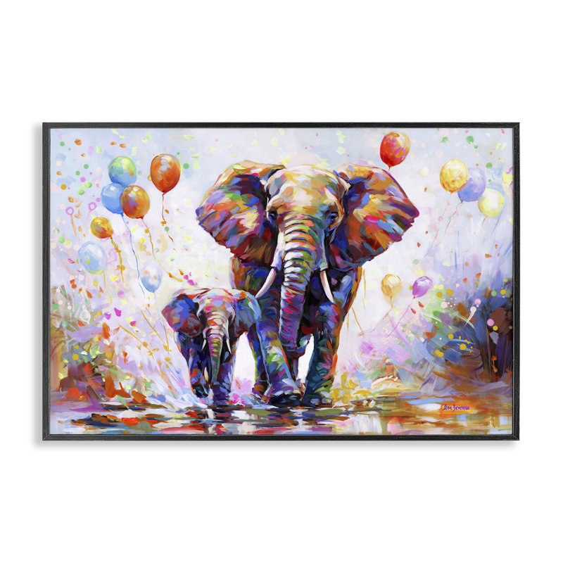 Éléphants et ballons, estampe numérique par Leon Devenice, H 12 po x l 18 po, Giclée encadrée noir minuit