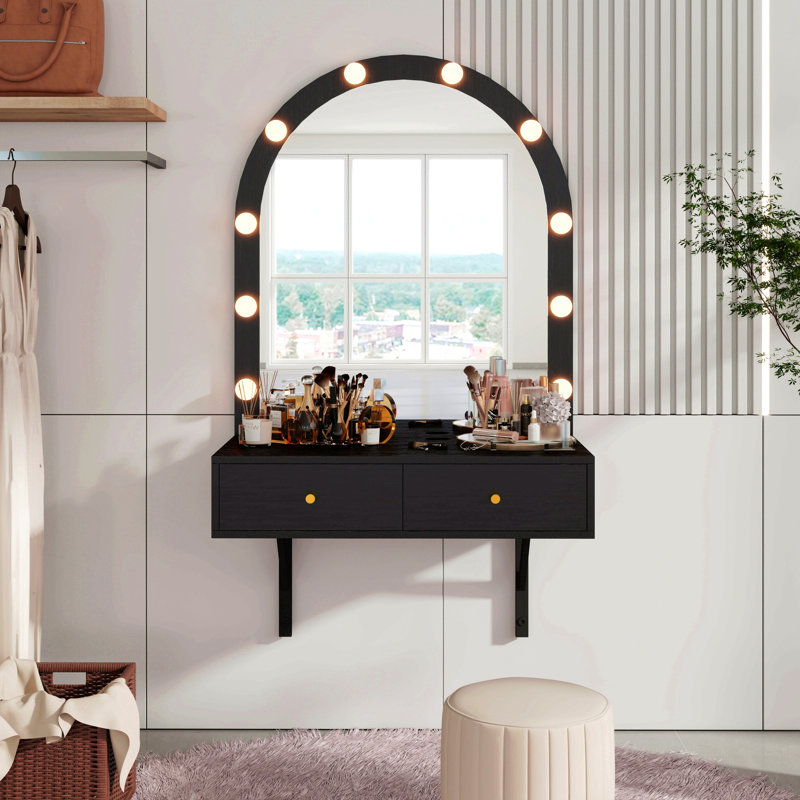 Floating Makeup Vanity Desk With Mirror & 3-Color Lights, Wall Dressing Table With Power Outlet, Compact Vanity, Large Storage