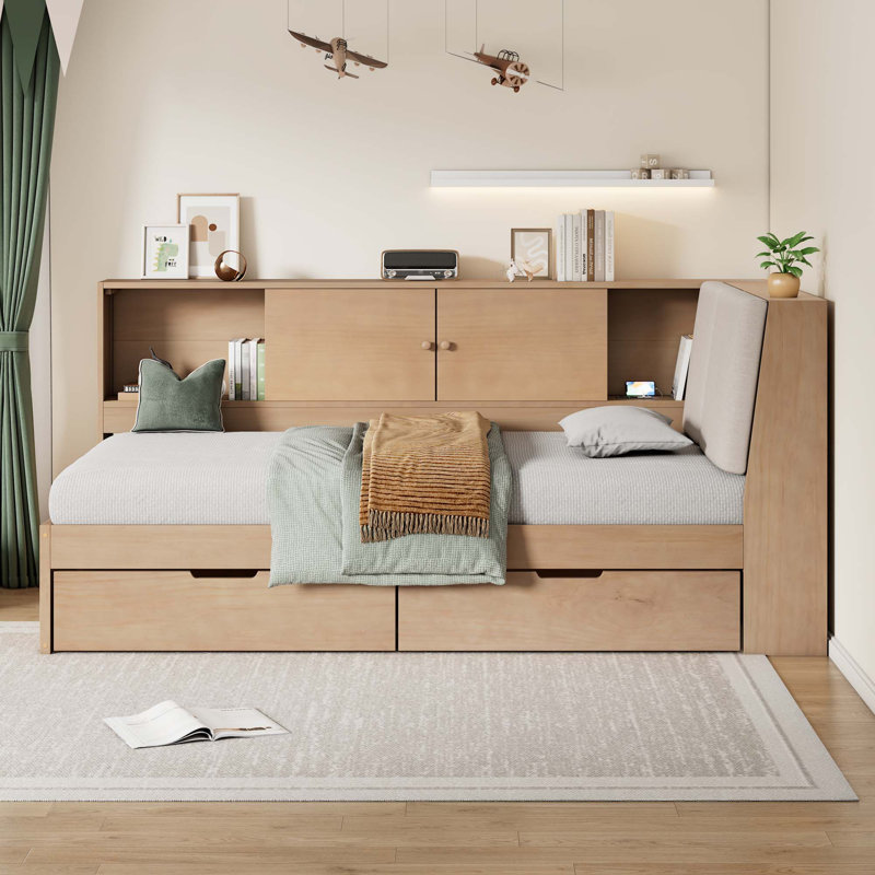 Lit de jour en L avec tiroirs d'angle sous le lit avec ports de chargement USB, Naturel, Lit simple