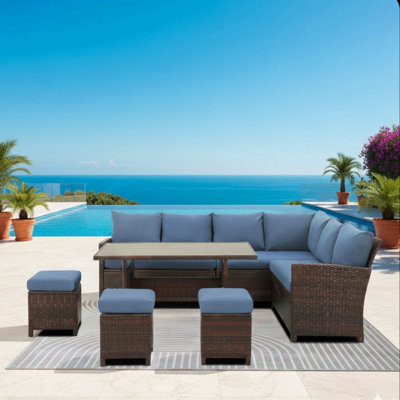 7 Piece Wicker Patio Dining Set, 9-Seat  Outdoor Sectional Cushions Sofa With Ottomans & Dining Table Porch Backyard Garden