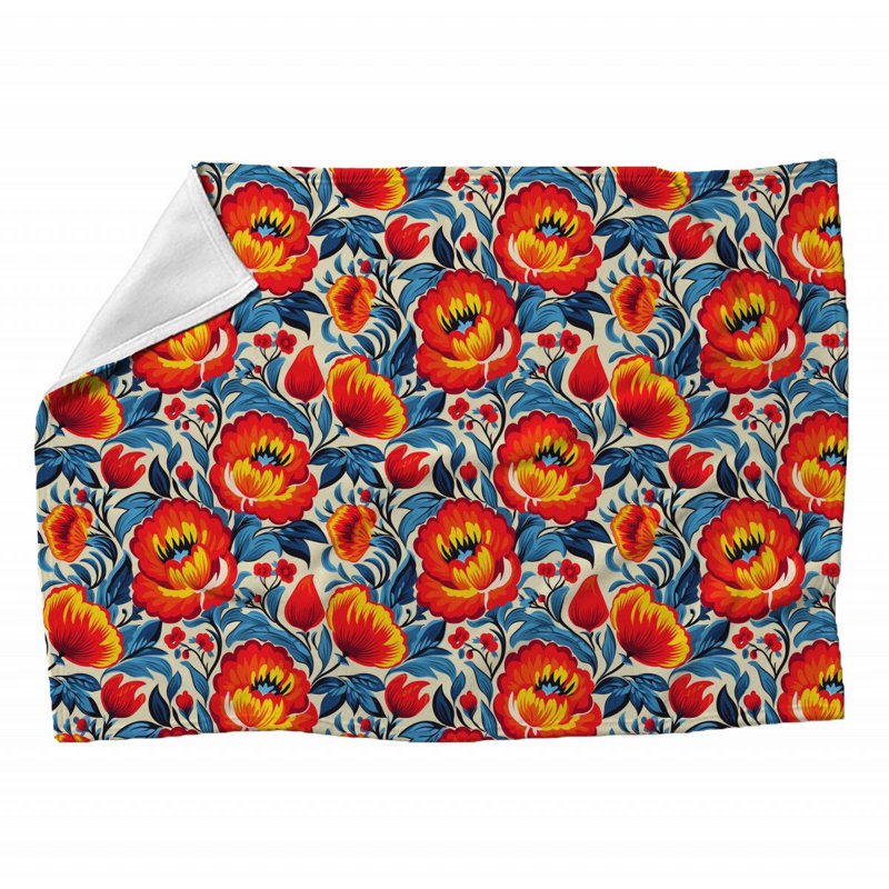 Machine Printed Throw Blanket, Twin, Floral, Orange/Red/Blue