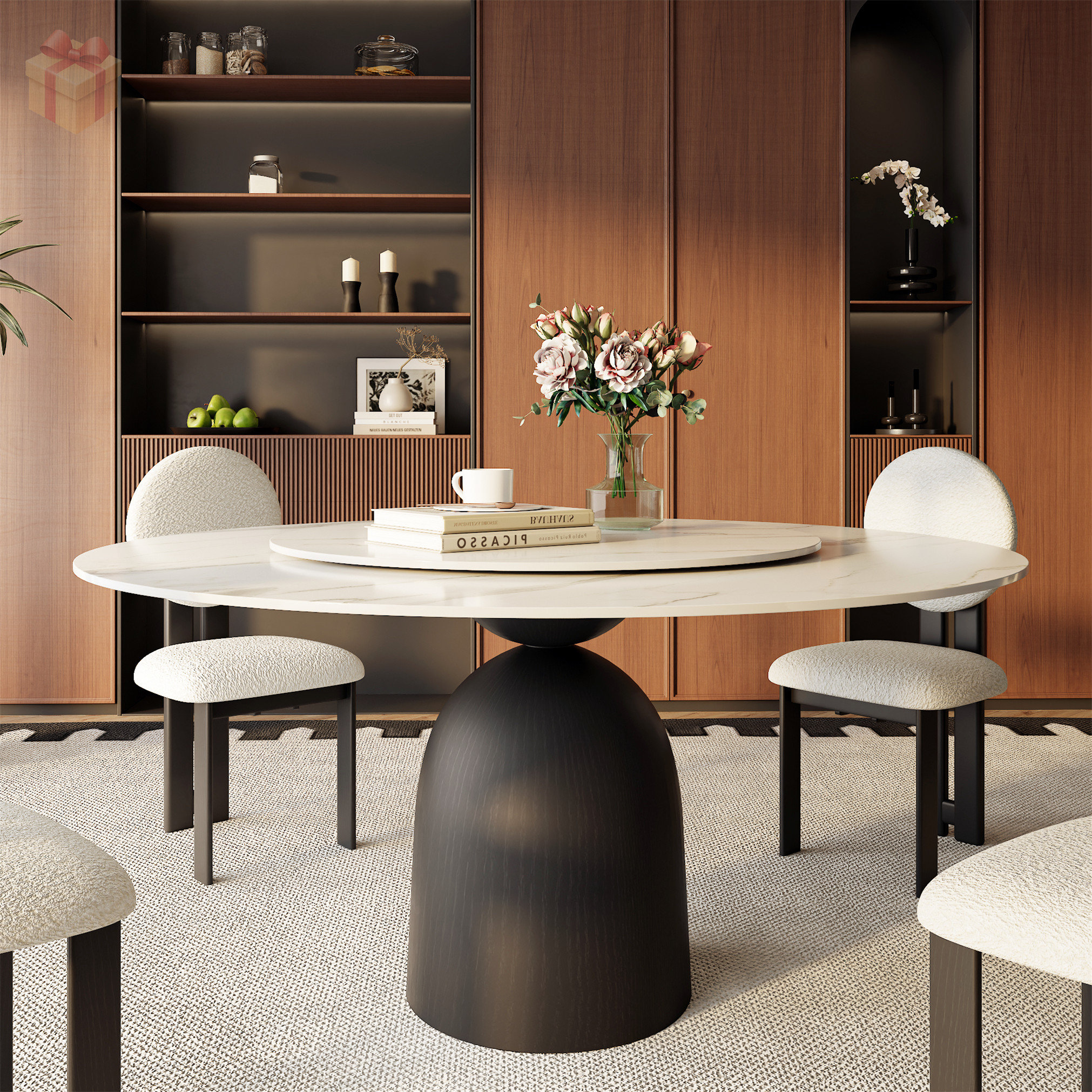 Orren Ellis Modern Black Round Dining Solid Wood Table with Rotating ...