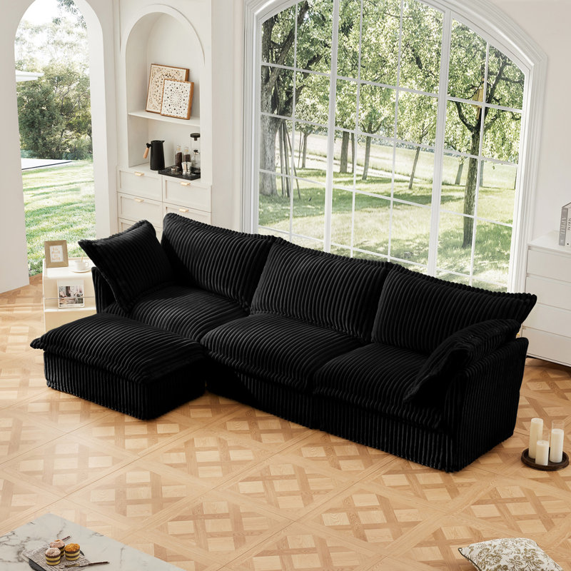 L-Shaped Slipcovered Sectional Sofa Couch, Comfy Deep Seat Cloud Couch With Convertible Ottoman & 2 Big Pillows, Modern Oversized 3 Seater Slipcovered Sofa Set For Living Room Office, Corduroy