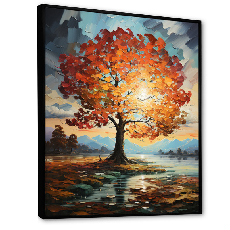 Orange, bleu sarcelle, érable majestueux, érable, art mural encadré, H 20 po x l 12 po x P 1 po, Cadre flottant noir