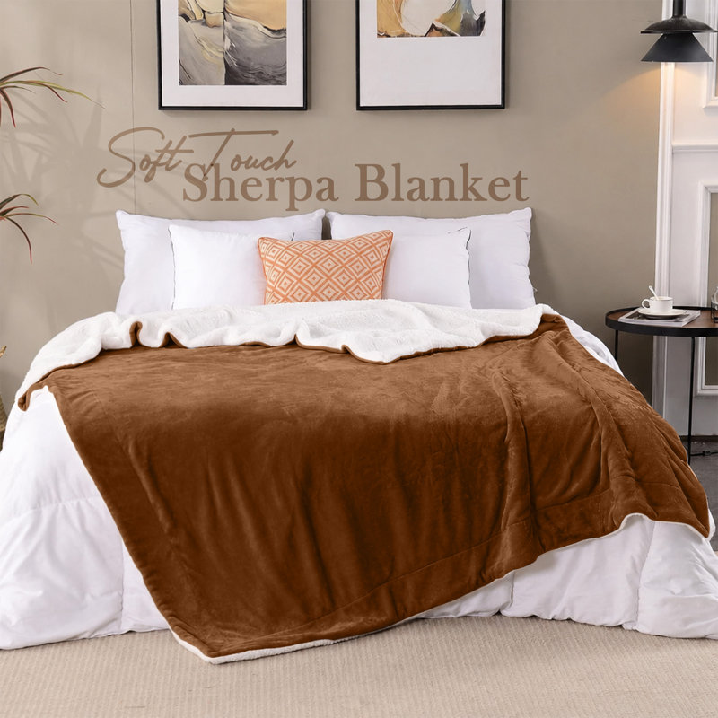 Reversible Sherpa Fleece Blanket - Ultra-Soft, Warm & Cozy All-Season Comfort , 150cm x 130cm, Coffee
