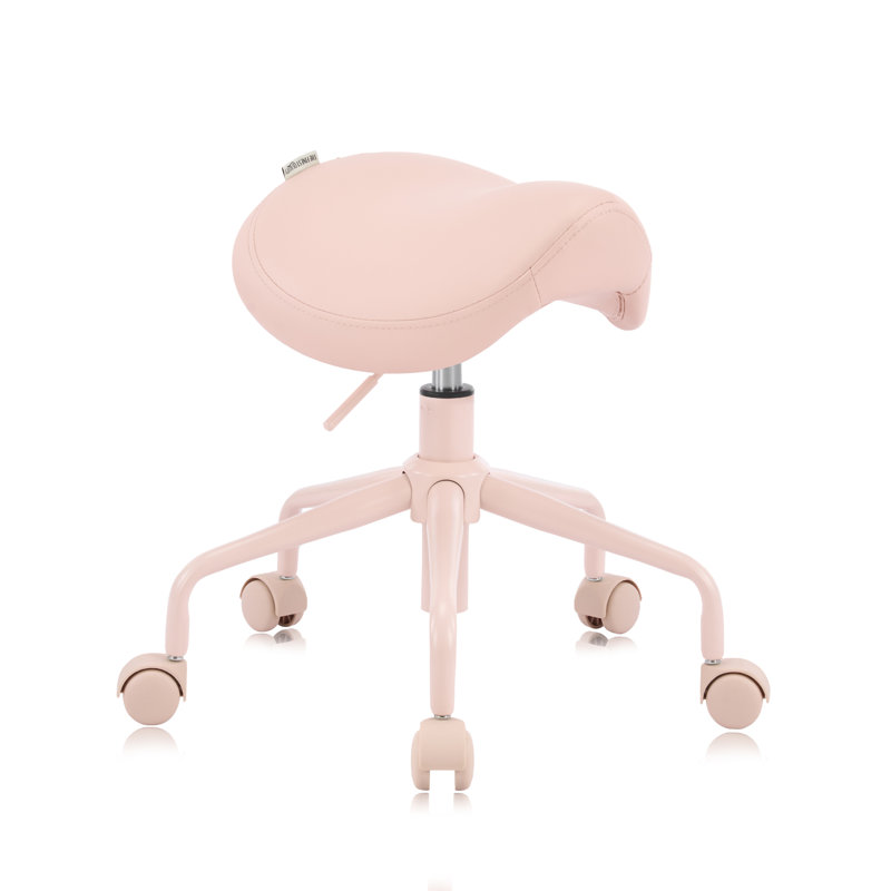  Adjustable Height Hydraulic Rolling Swivel Stool Chair with Metal Base and Faux Leather Cushion for Salon, Medical, Office and Home, 503 Kai Series - Saddle Seat, Pink