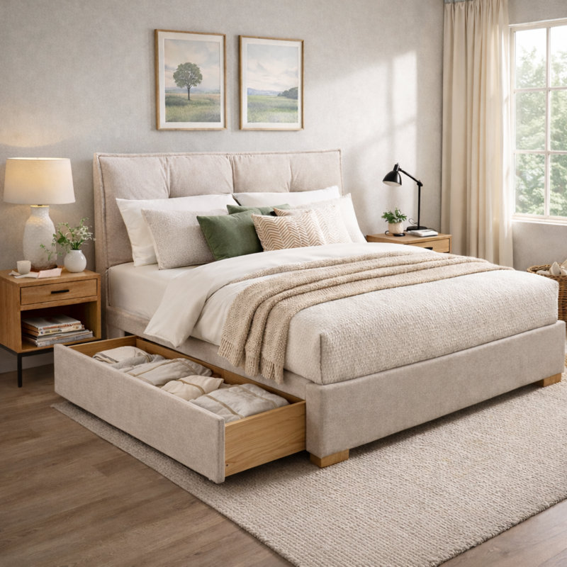 Lit plateforme tapissier avec tête de lit amovible de style coussin Braya, 2 grands tiroirs en bois, beige, grand, Grand