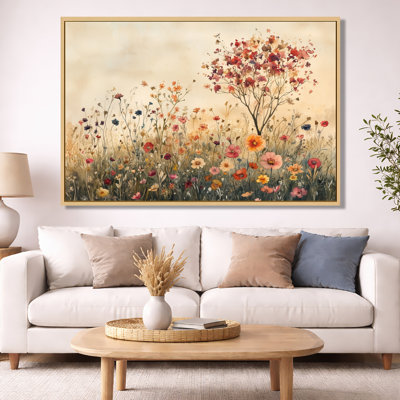 Art mural rouge, fleurs sauvages, toile d'été