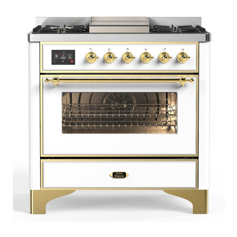 Majestic III Series 36 Inch Dual Fuel Range with 6 Sealed Burners, Griddle, in Glossy Black (Natural Gas, Brass Trim), White
