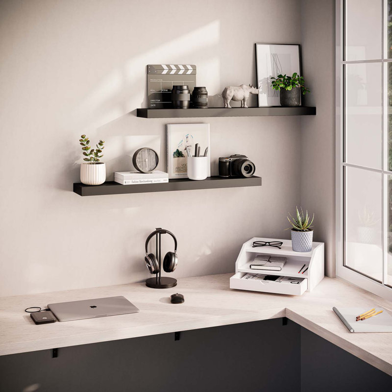 Sydney 36" W x 6" D Floating Shelves Set with Invisible Wall Mount Brackets, Black