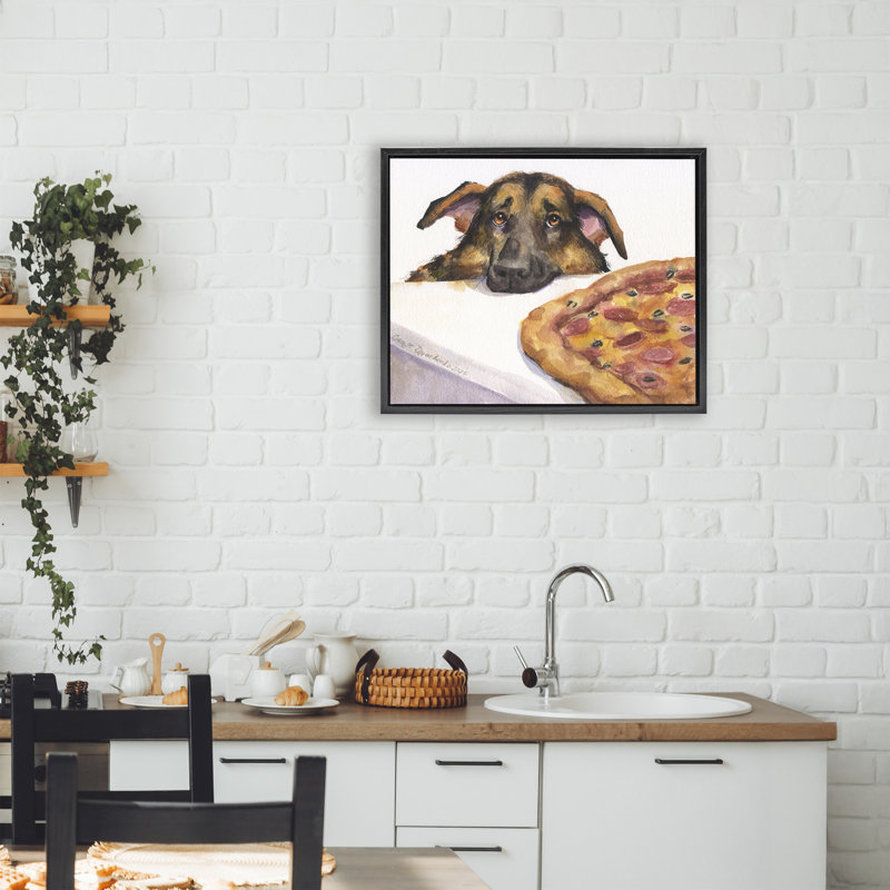 Berger allemand avec cadre flottant à pizza, design par George Dyachenko, H 17 po x l 21 po, Cadre flottant noir de jais
