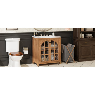 Meuble-lavabo antique 31 po avec lavabo, tablettes réglables, portes à fermeture en douceur, verre trempé sécuritaire, poignées en bronze, modernisez votre petit espace de rangement de 31 po, charnières, pieds en bois d'hévéa épaissi