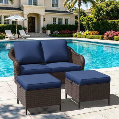 Alderwood 3-Piece All Weather PE Wicker Patio Set, Loveseat Sofa & 2 Ottomans With Blue Cushions