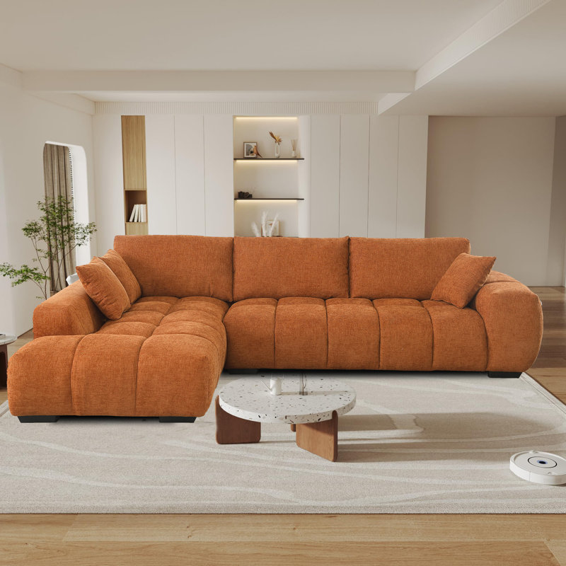 120" Modern Cloud Sectional Sofa With Tufted Details, Chaise Lounge, And Wide Arms, Orange, Left Hand Facing