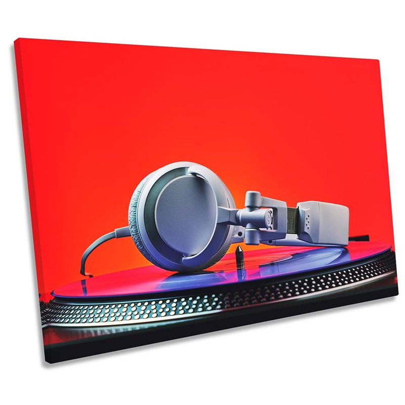 DJ Decks Headphones Red Music Framed - Wrapped Canvas Print, 30.5cm H x 45.7cm W x 2cm D