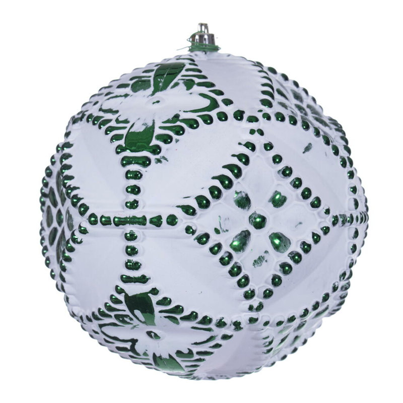 Vickerman Etch Antique White Brush Ornament Set., Emerald Green, 6" H x 6" W x 6" D
