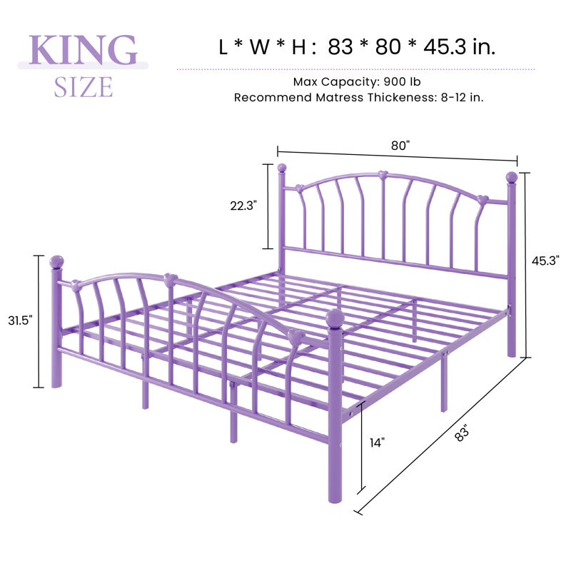 Structure de lit plateforme en métal avec tête et pied de lit, fleurons en forme de cœur et de boule, aucun sommier requis, rangement sous le lit de 12,6 po, assemblage facile