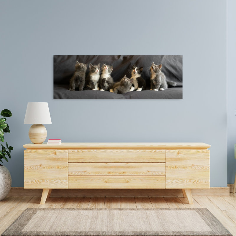 Six chatons curieux, art mural contemporain, H 48 po x l 16 po