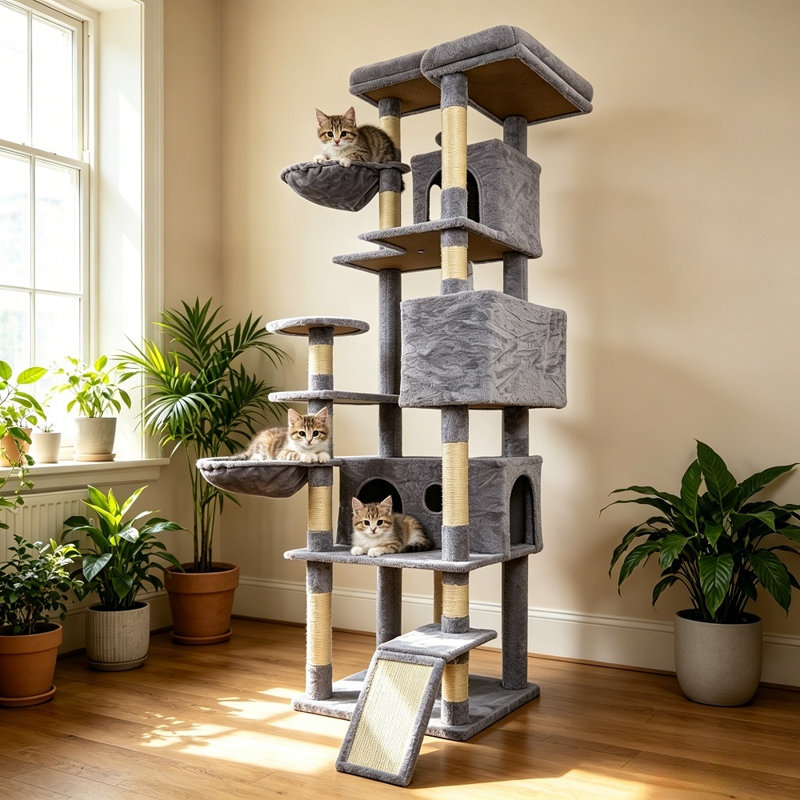 Tour pour arbre à chat 84,6 "à plusieurs niveaux avec poteaux à griffer, condos, Gris foncé