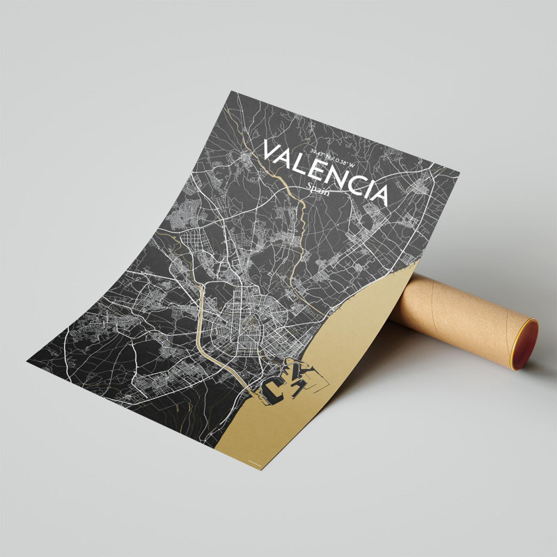 Valencia, carte de la ville, impression, H 17 po x l 11 po, Noir et or