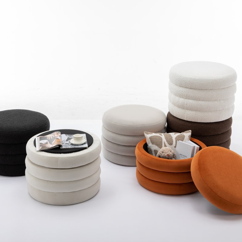 Repose-pieds rond avec rangement en tissu Boucle, Ivoire ivoire