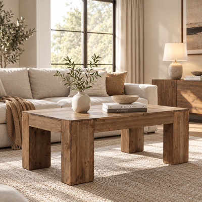 Solid Wood Coffee Table for Living Room, Rectangular Farmhouse Center Table with Thick Top and Chunky Legs, Rustic Wooden Cocktail Table, Large Coffee Table for Home, Apartment, Brown
