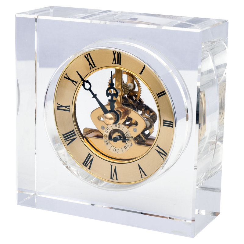 Roman Numeral Glass Mechanical Tabletop Clock in Clear Glass