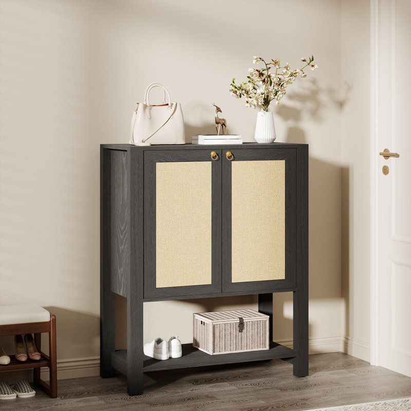 Farmhouse Rattan Shoe Cabinet with Doors, 5-Tier Narrow Entryway Shoe Storage Organizer, Black
