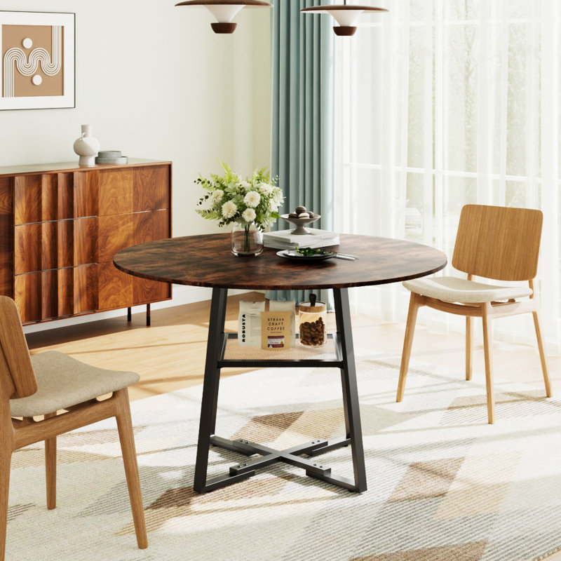 Round Metal Base Dining Table, Brown, Black
