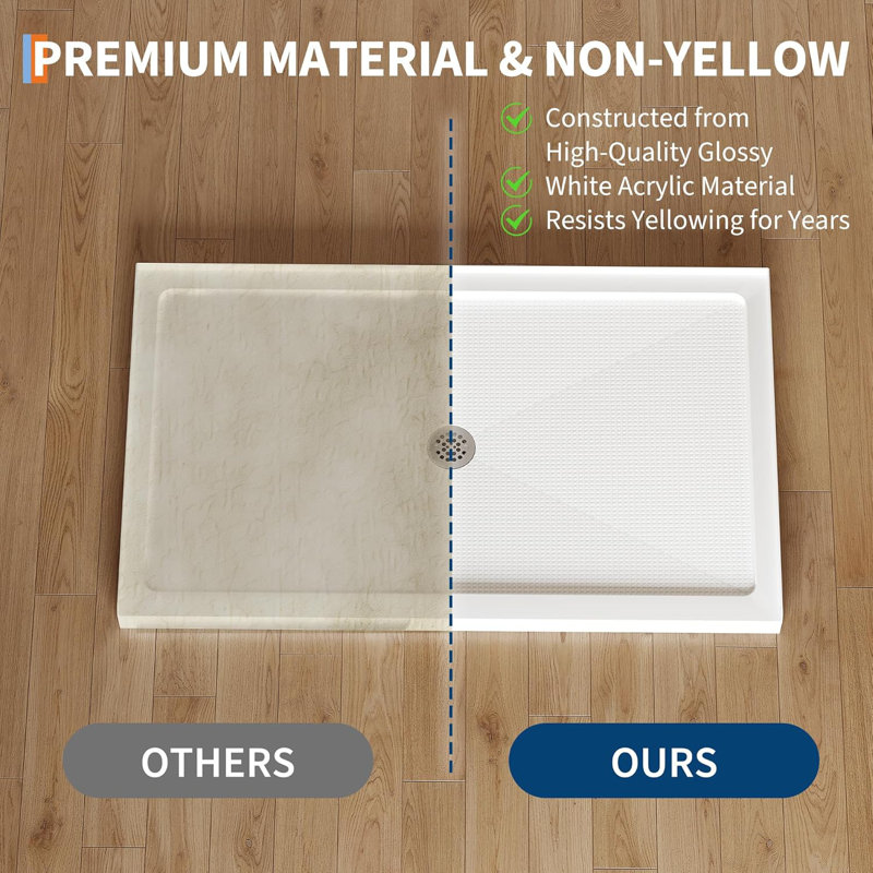 Left Drain Shower Pan - Single Threshold Base, Non-Slip Textured Surface, Lightweight ABS Shower Base, Easy Install Includes Drain Kit