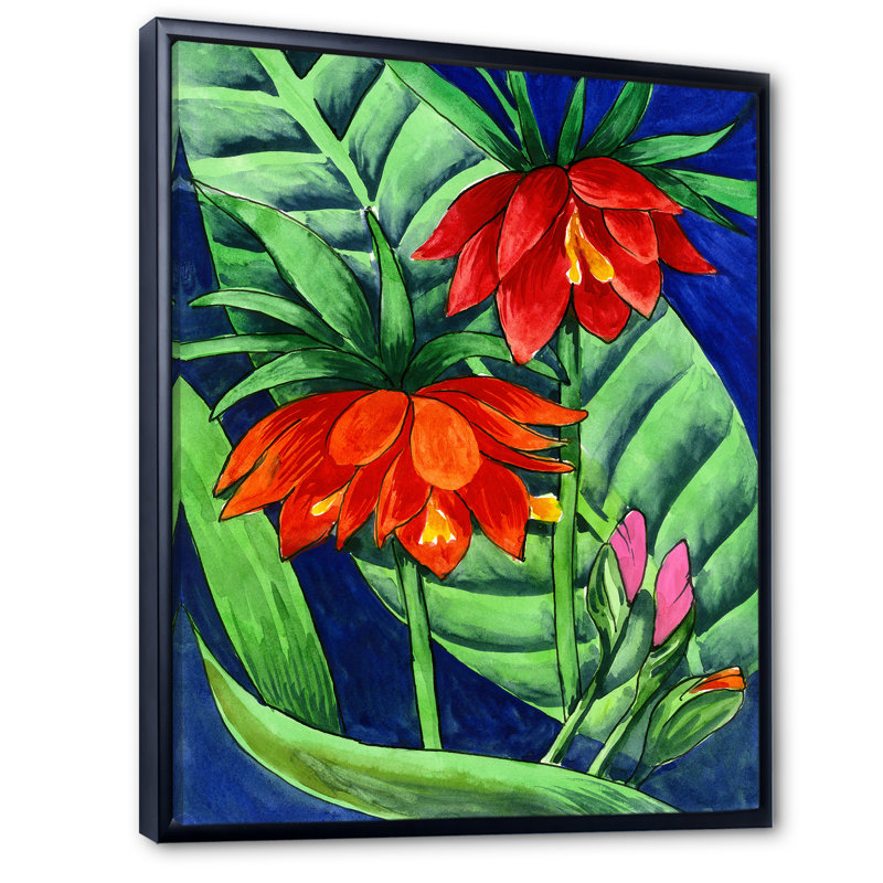 Aquarelle de fleurs rouges tropicales - peinture, H 36 po x l 24 po, Cadre flottant noir
