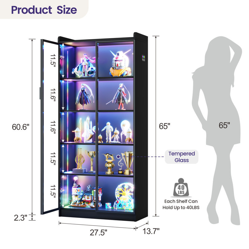 65" H Display Cabinet with Glass Doors and RGB Light, Black